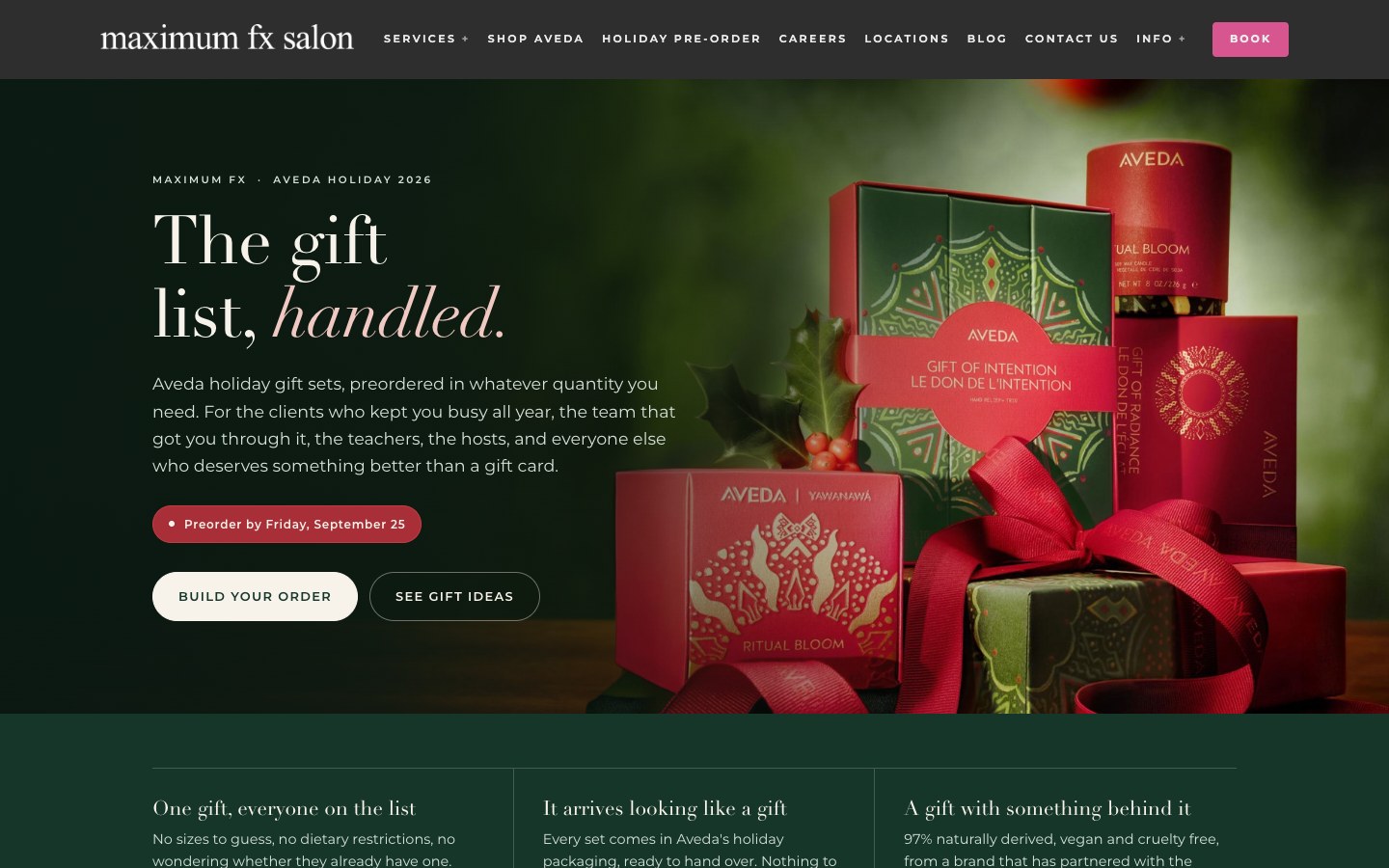 The Aveda holiday gifting page on maximumfx.com