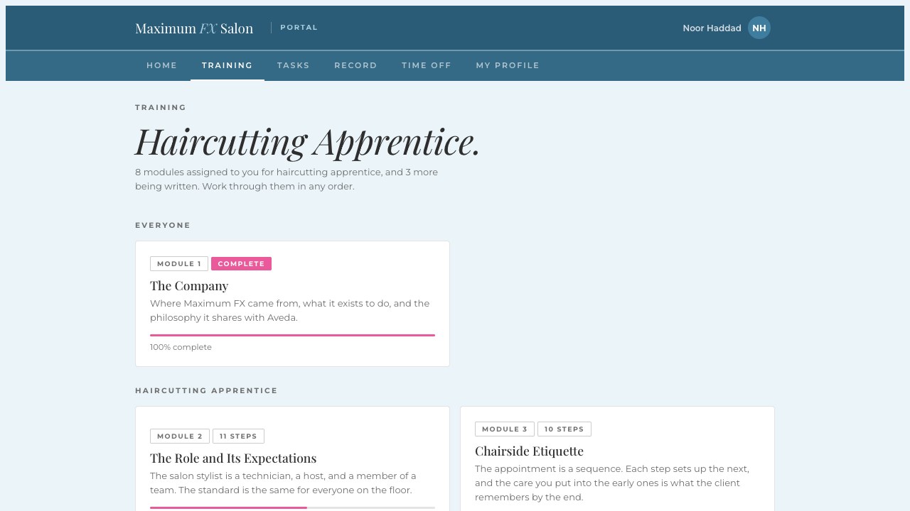 The haircutting apprentice training modules in the Maximum FX Portal