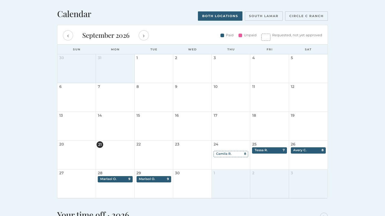 The time off calendar for both locations in the Maximum FX Portal